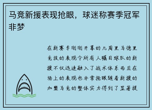 马竞新援表现抢眼，球迷称赛季冠军非梦